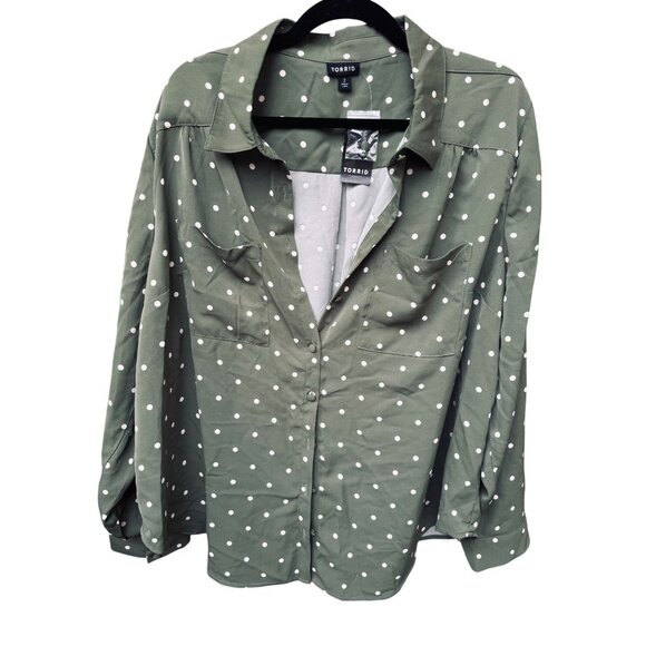 Torrid Womens Olive Green Polka Dot Button-Up Shirt Size 2X  Made In China - Picture 1 of 7